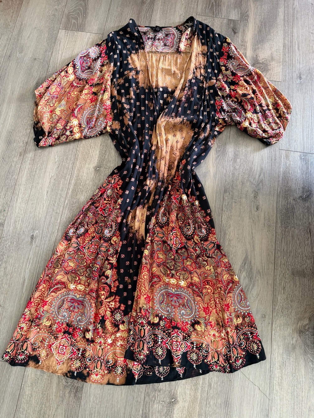 Angie Paisley Long Kimono Black and Rust